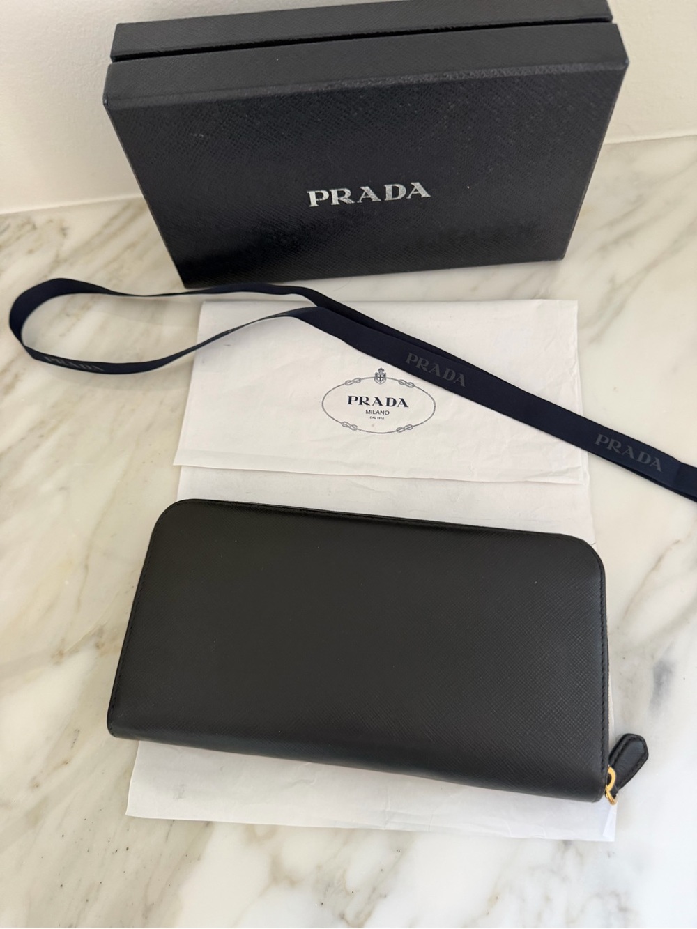 Prada Black Saffiano Zip Wallet with Gold Logo - Picture 5 of 9